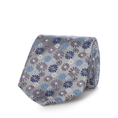 Silver pure silk floral patterned tie
